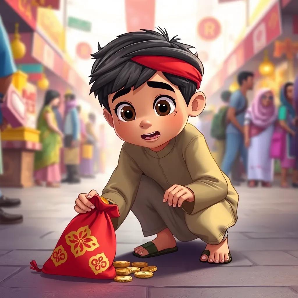 Rashed, a small Kuwaiti boy, kneeling down to pick up a bright red bag with golden designs on the ground, his eyes wide in surprise as he discovers money inside, surrounded by bustling people and interesting market stalls, illustration, colorful, engaging, child-friendly, high quality