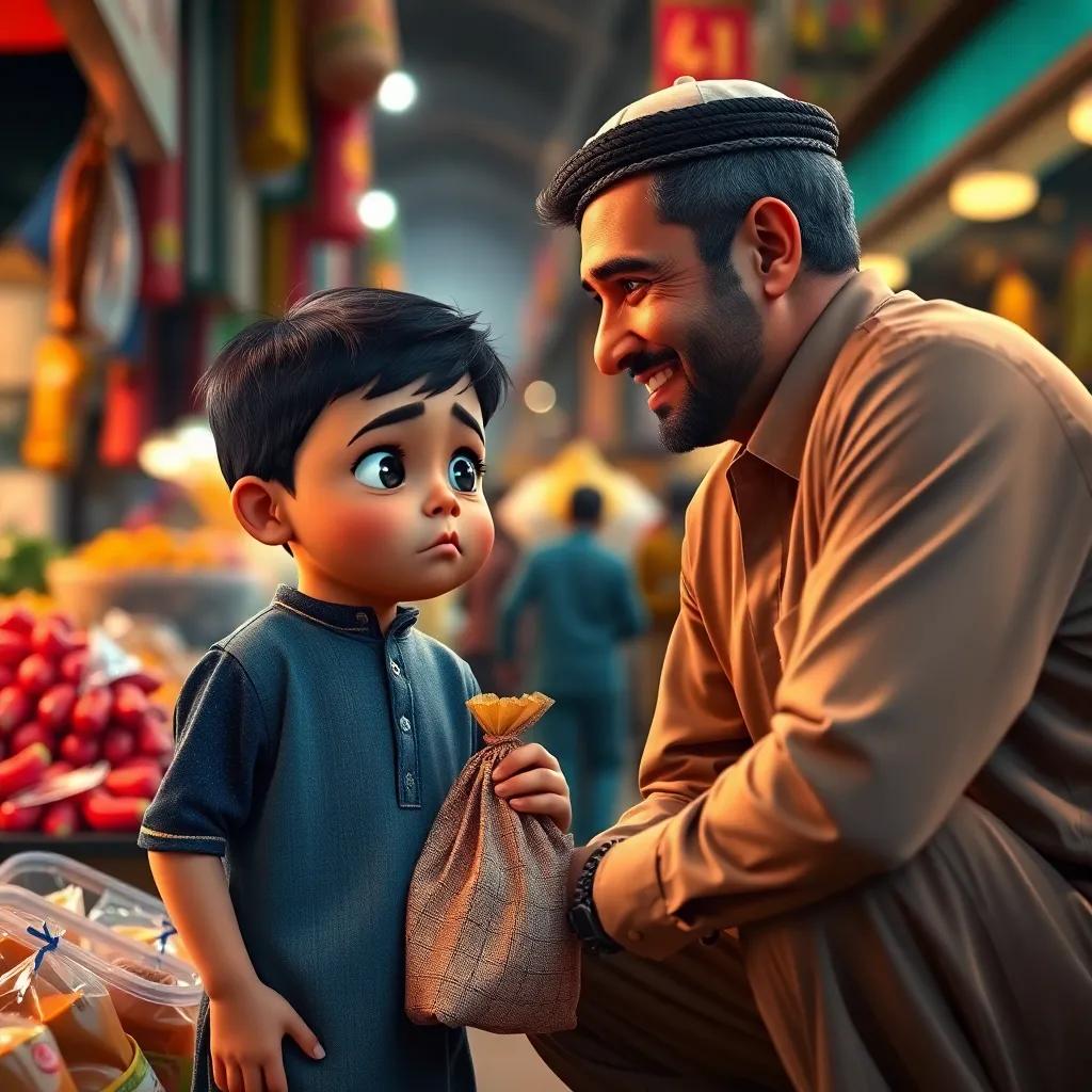 Rashed, a small Kuwaiti boy, looks up at his father with a worried face holding the bag, his father kneeling down with a gentle smile, emphasizing their size difference, surrounded by the lively market scene, close-up, warm light, emotional perspective, high quality