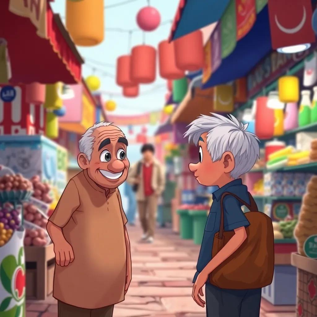 From Rashed's perspective, an elderly man with a kind face searching for something in a vibrant market, with Rashed approaching him confidently, capturing the size contrast between the small boy and the old man, illustration, heartfelt, vibrant colors, optimistic vibe, high quality