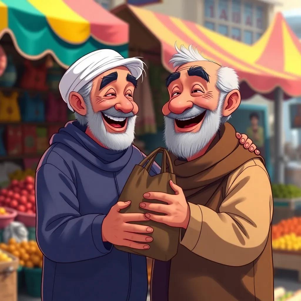 Rashed, presenting the bag to a happy old man with a big smile, both of them showing joy and relief; colorful market stalls are in the background, emotional moment, detailed illustration, bright light, uplifting, high quality