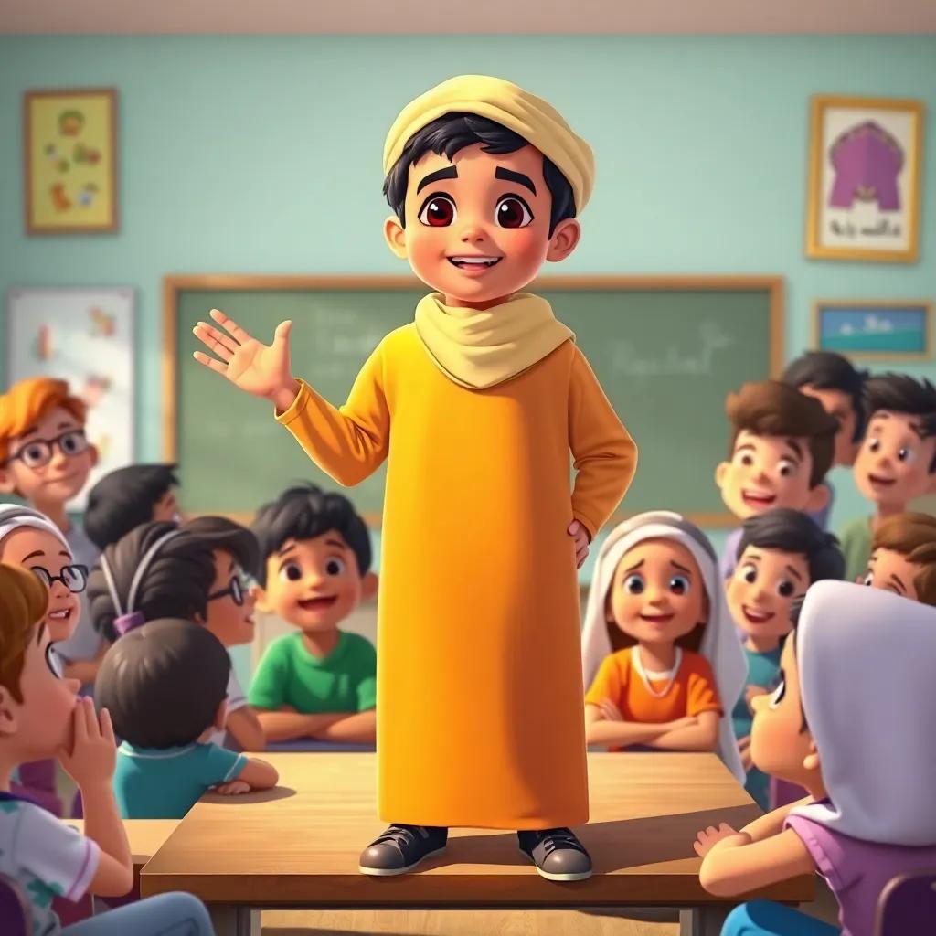 Rashed, a small Kuwaiti boy, stands proudly in front of his classmates, sharing his story, wearing the same bright suffocation-thobe surrounded by curious friends, classroom setting with excitement and confidence, illustration, happy atmosphere, colorful, high quality