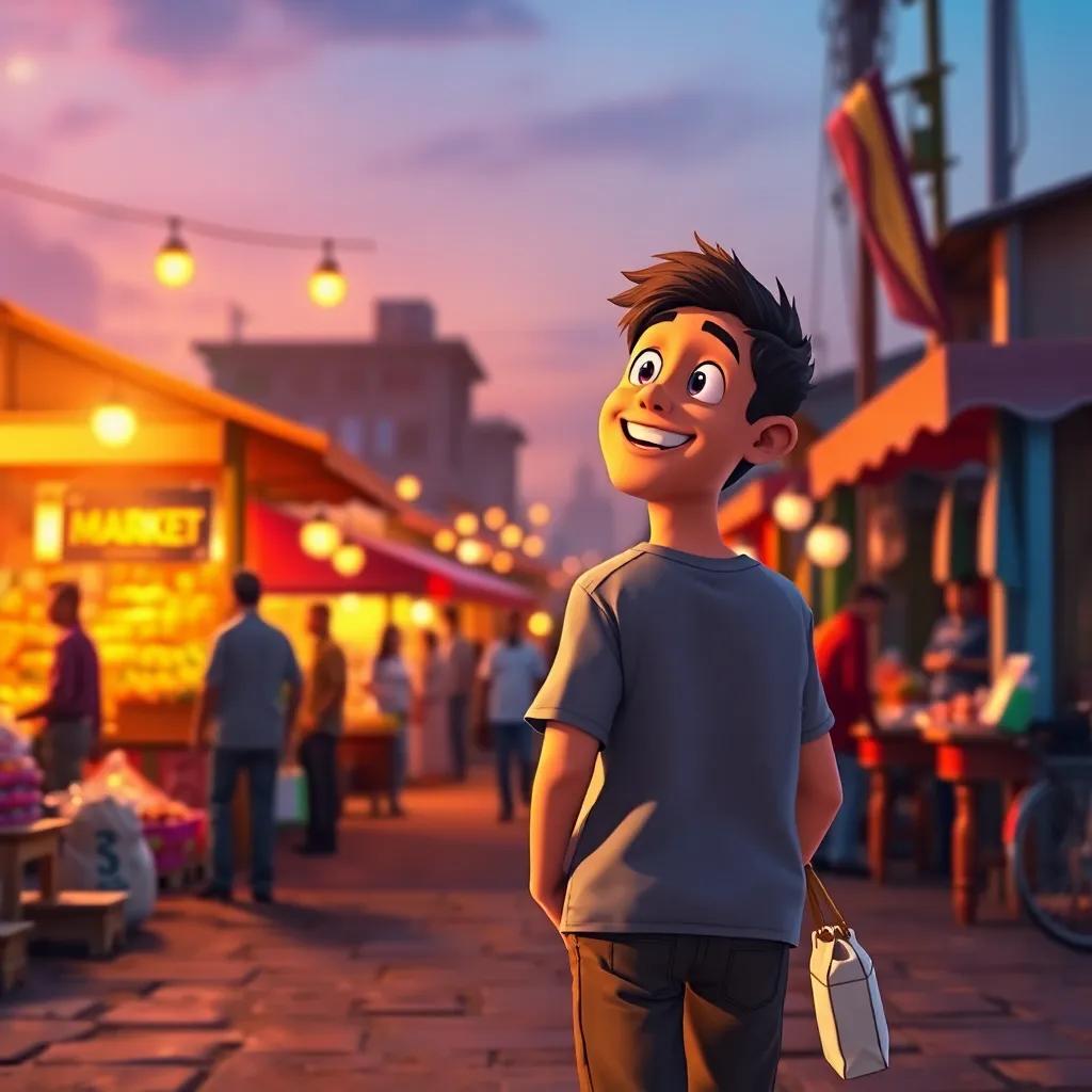 Rashed, walking home after his adventure, glancing back at the busy market with a joyful smile, feeling proud and accomplished while carrying a small bag at his side, warm sunset light illuminating the scene, colorful, inspiring, high quality