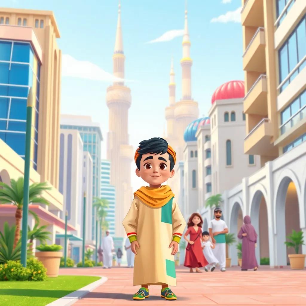 A bright and lively illustration of Kuwait City with Rashid, a young Arab boy, wearing colorful clothes, standing in the Shuwaikh area with his family, beautiful Kuwait Towers in the background, traditional Kuwaiti architecture, digital art, bright colors, inviting atmosphere, high quality