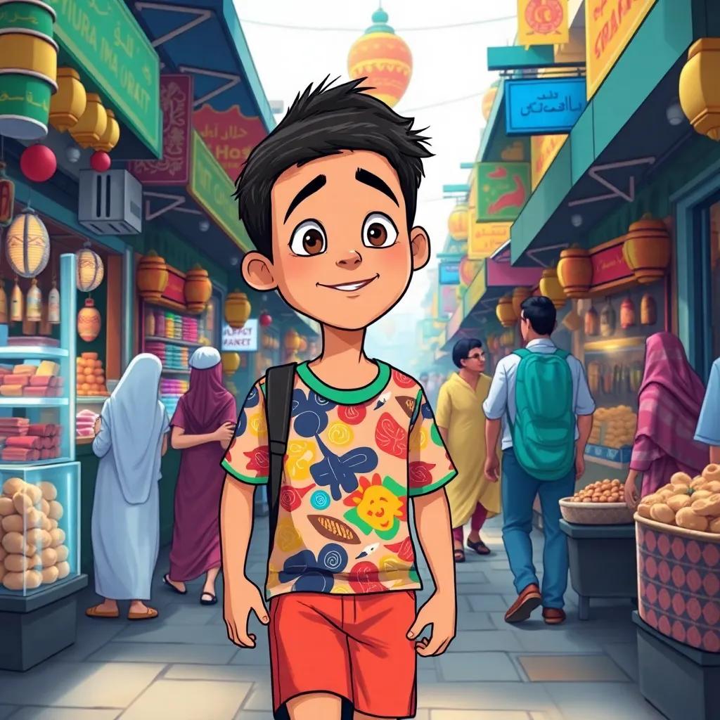 Rashid, a young Arab boy with short black hair, wearing a colorful T-shirt and shorts, walking with his father through the bustling Mubarakiya Market, surrounded by shops selling traditional Kuwaiti goods, vendors calling out, cheerful people shopping, detailed illustration, vibrant colors, lively scene, high quality