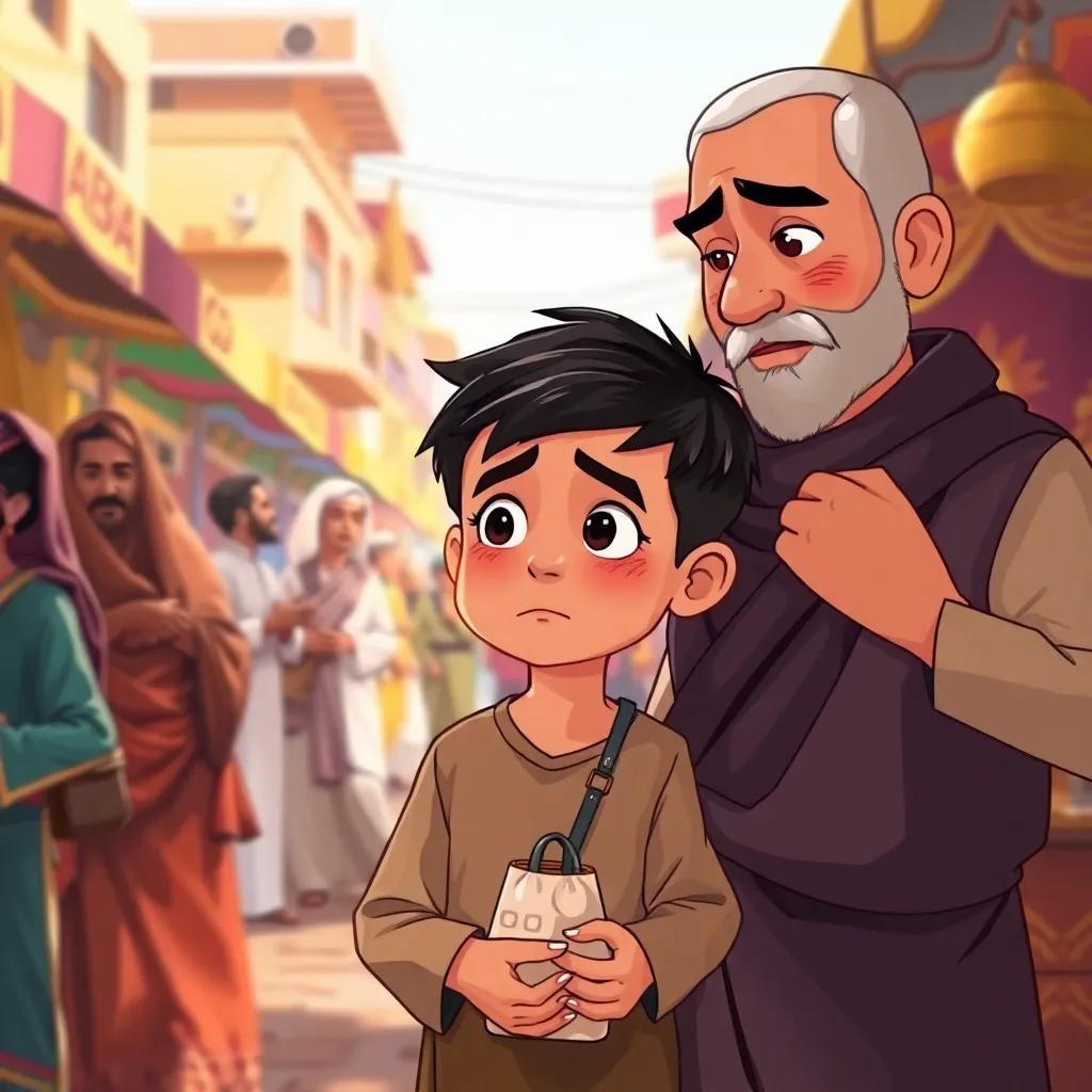 Rashid, a young Arab boy with short black hair, holding a small bag, looking concerned and worried, standing with his father who is reassuring him, various vendors in traditional dress shaking their heads, colorful market scene in the background, illustration, heartfelt, warm light, engaging view, high quality