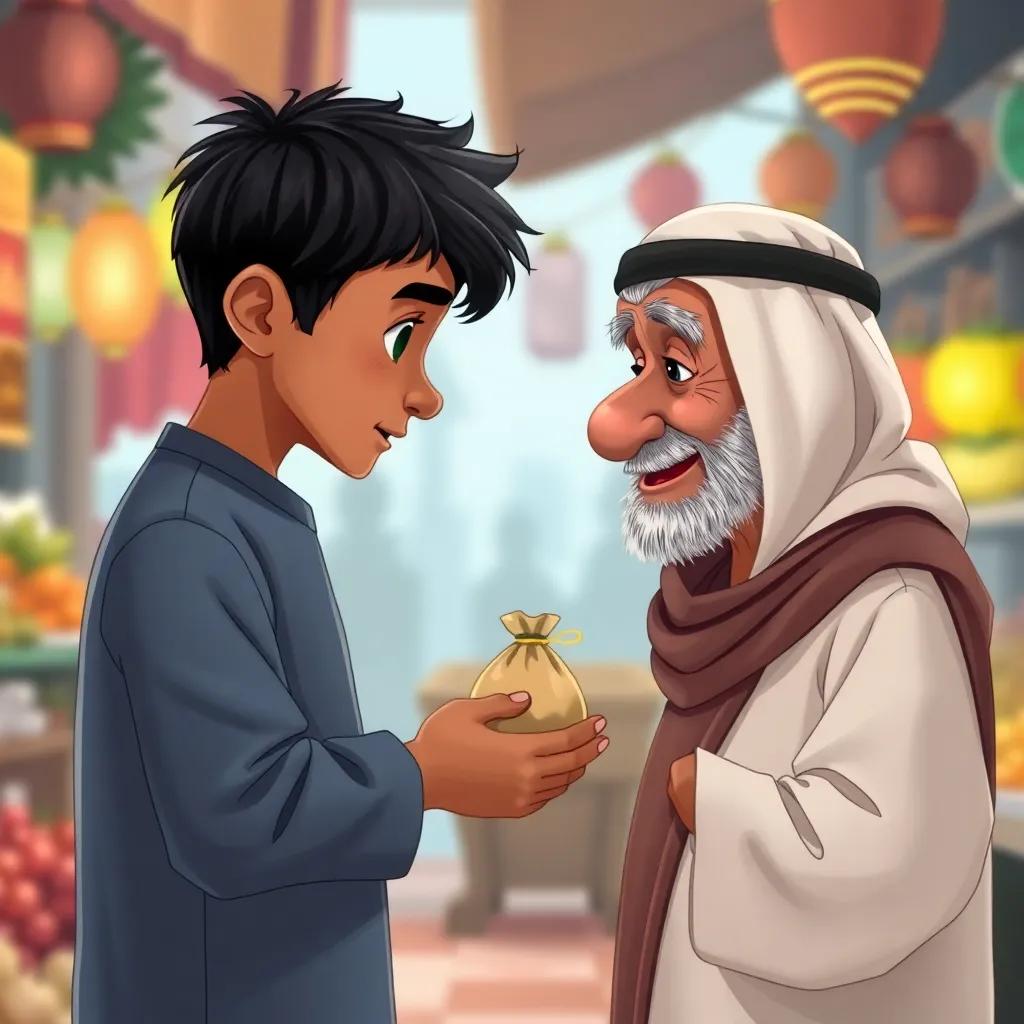 Rashid, a young Arab boy with short black hair, approaching an old man who looks anxious, handing him the small bag, the old man wearing traditional Kuwaiti attire, surprised and overjoyed, warm interaction with Rashid and his father, colorful market background, illustration, uplifting, heartwarming, high quality