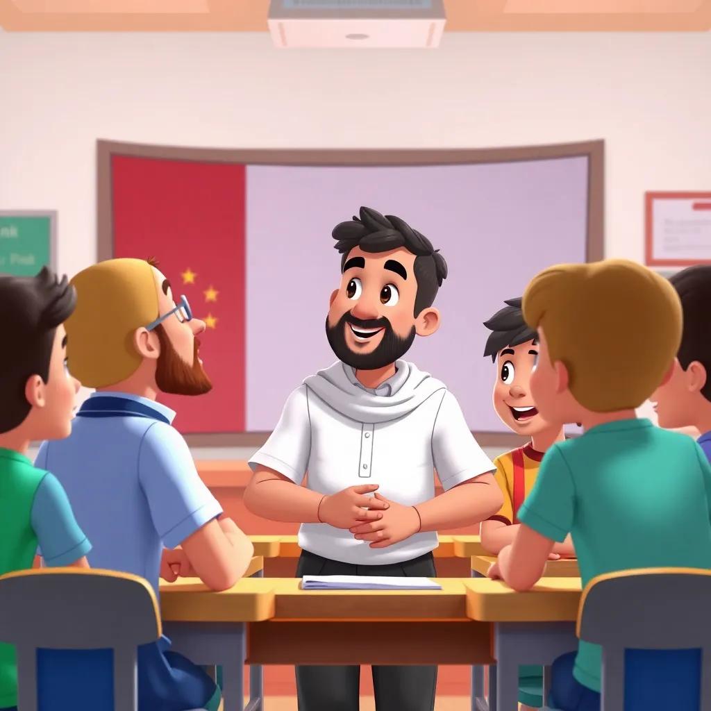 Rashid back at school, talking to his friends about honesty, children smiling and listening attentively, colorful classroom setting with Kuwaiti flag in the backdrop, showing pride and responsibility, engaging illustration, bright colors, child-friendly atmosphere, high quality