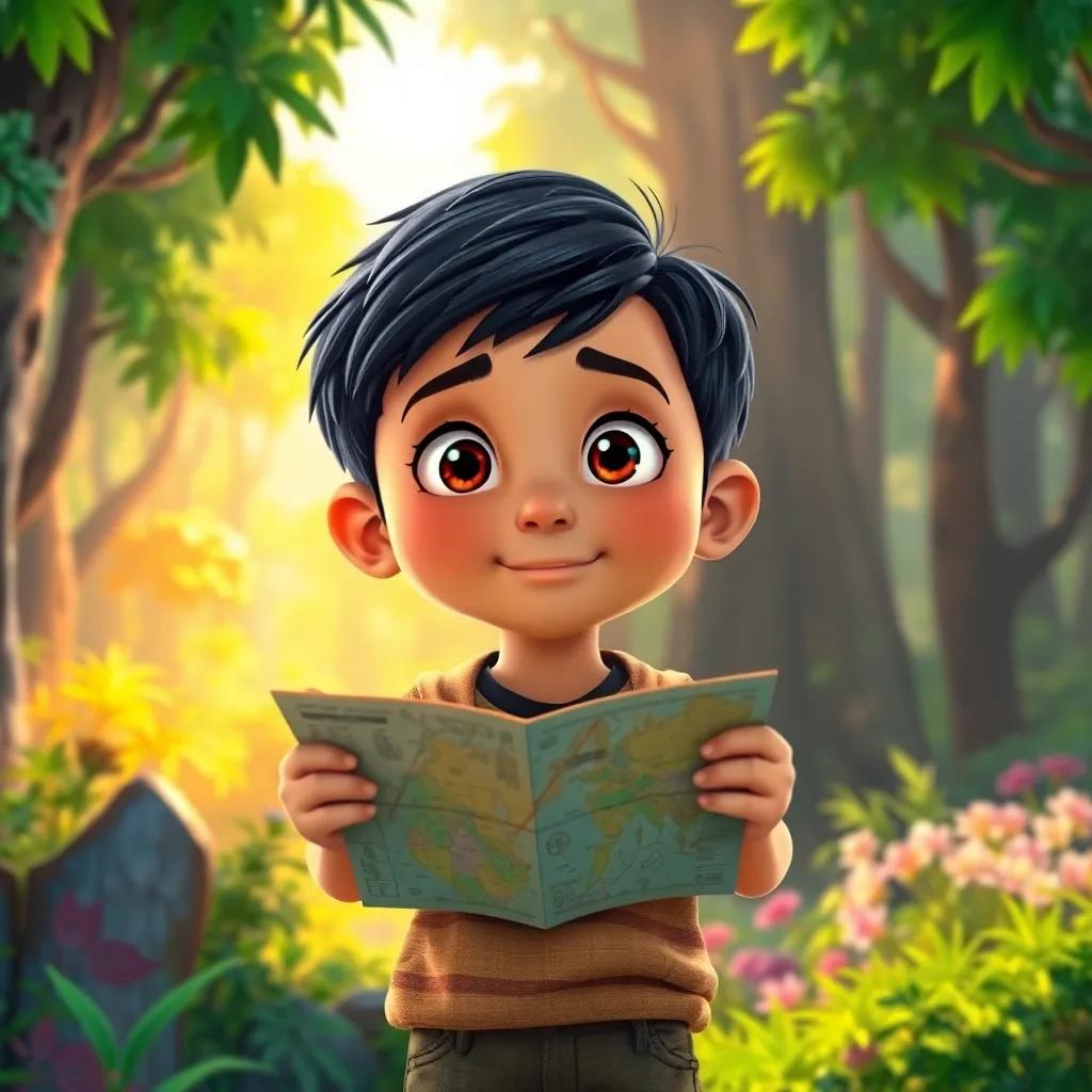 A curious boy, Rashid, with short black hair and bright eyes, standing at the edge of a vibrant forest, holding a map in his hands, sun shining above, digital art, lively and colorful atmosphere, high quality