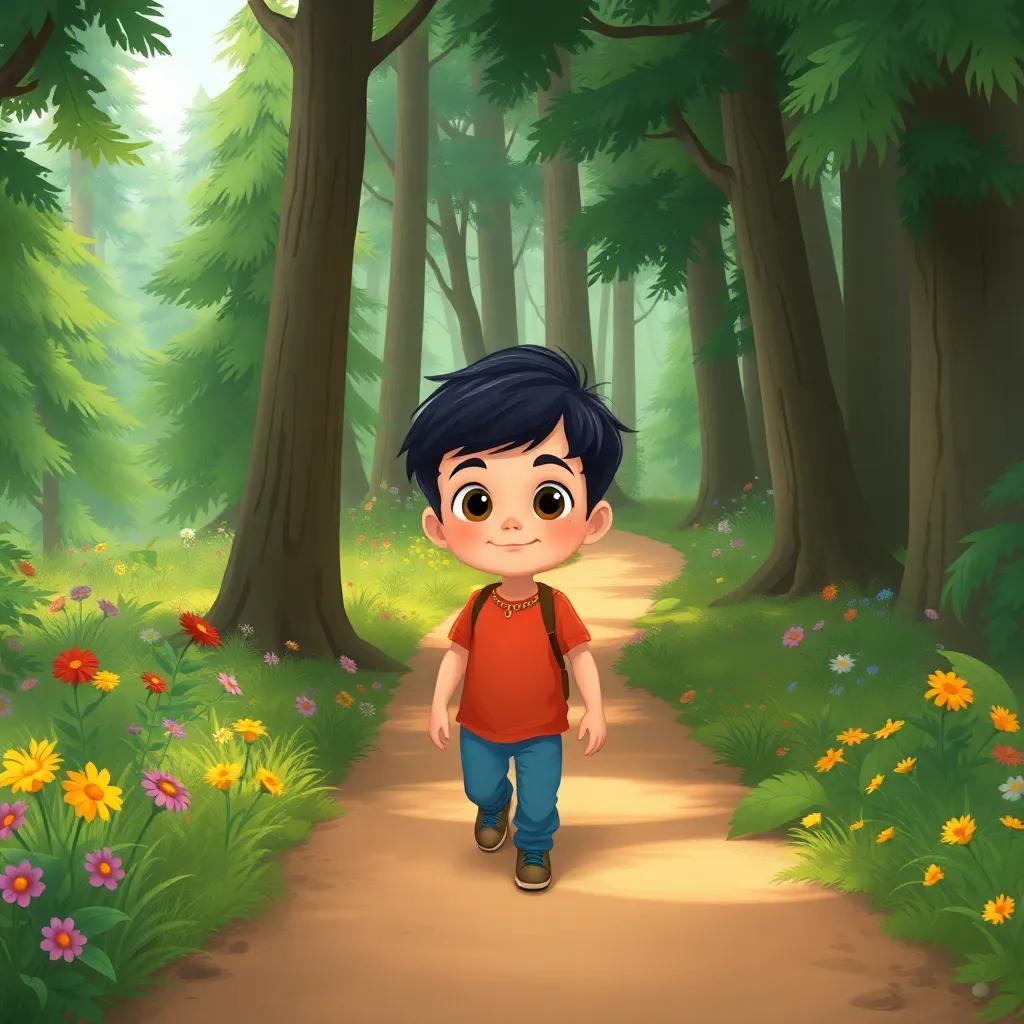 Rashid, a curious boy with short black hair and bright eyes, walking along a dirt path that winds through a dense green forest, surrounded by tall trees and colorful flowers, cheerful mood, illustration, whimsical style, high quality