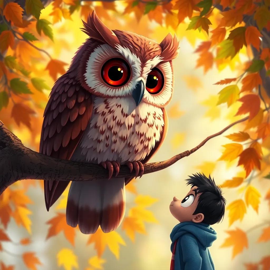 A wise old owl with large round eyes, sitting on a branch, looking down at Rashid, who is standing below, amazed, the background filled with colorful leaves, digital painting, warm light, cozy atmosphere, high quality