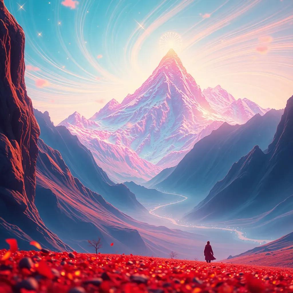 A magical mountain in the distance, shimmering with vibrant colors, lines swirling like candy, Rashid is seen small in the foreground with wonder, sparkling atmosphere, digital art, enchanting colors, high quality