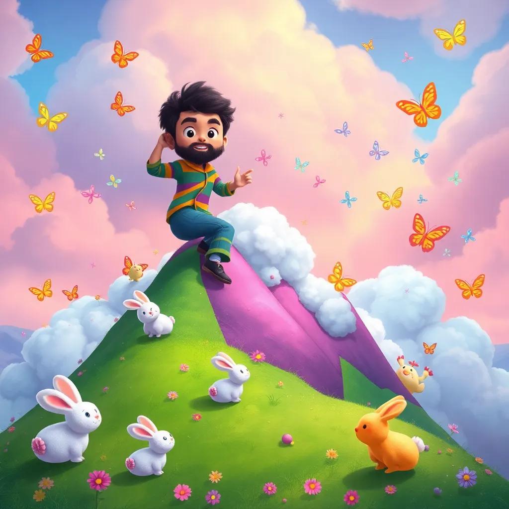 Rashid climbing the colorful mountain, surrounded by fluffy cloud-like bunnies, colorful butterflies, and magical creatures dancing around him, playful mood, bright colors, illustration, high quality