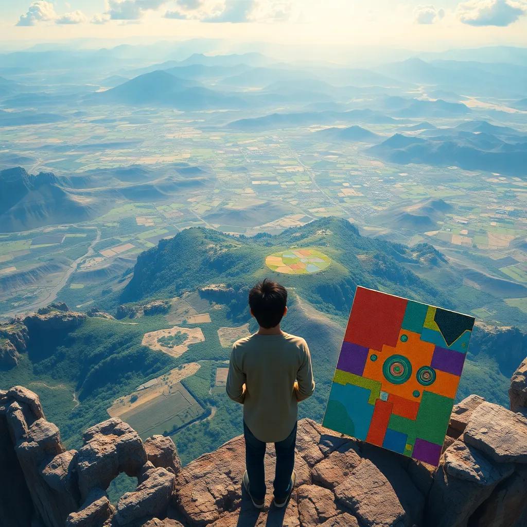 A breathtaking view from the top of the mountain, Rashid gazing at the patchwork world below, his colorful painting beside him, sunlight illuminating the scene, high quality art