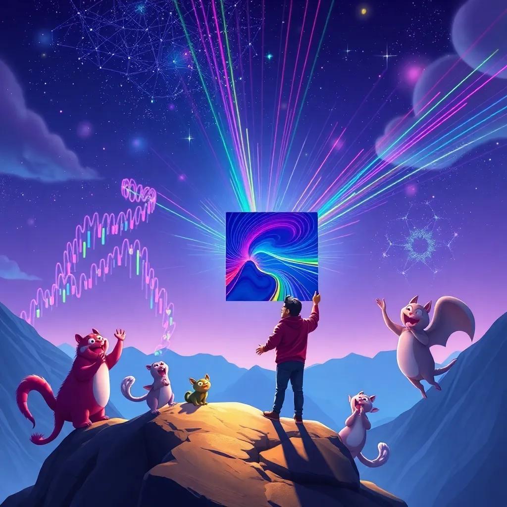 Rashid standing at the top of the mountain with his finished painting, colorful lines radiating from it, creatures around him cheering in joy, magical atmosphere, digital art, vibrant colors, high quality