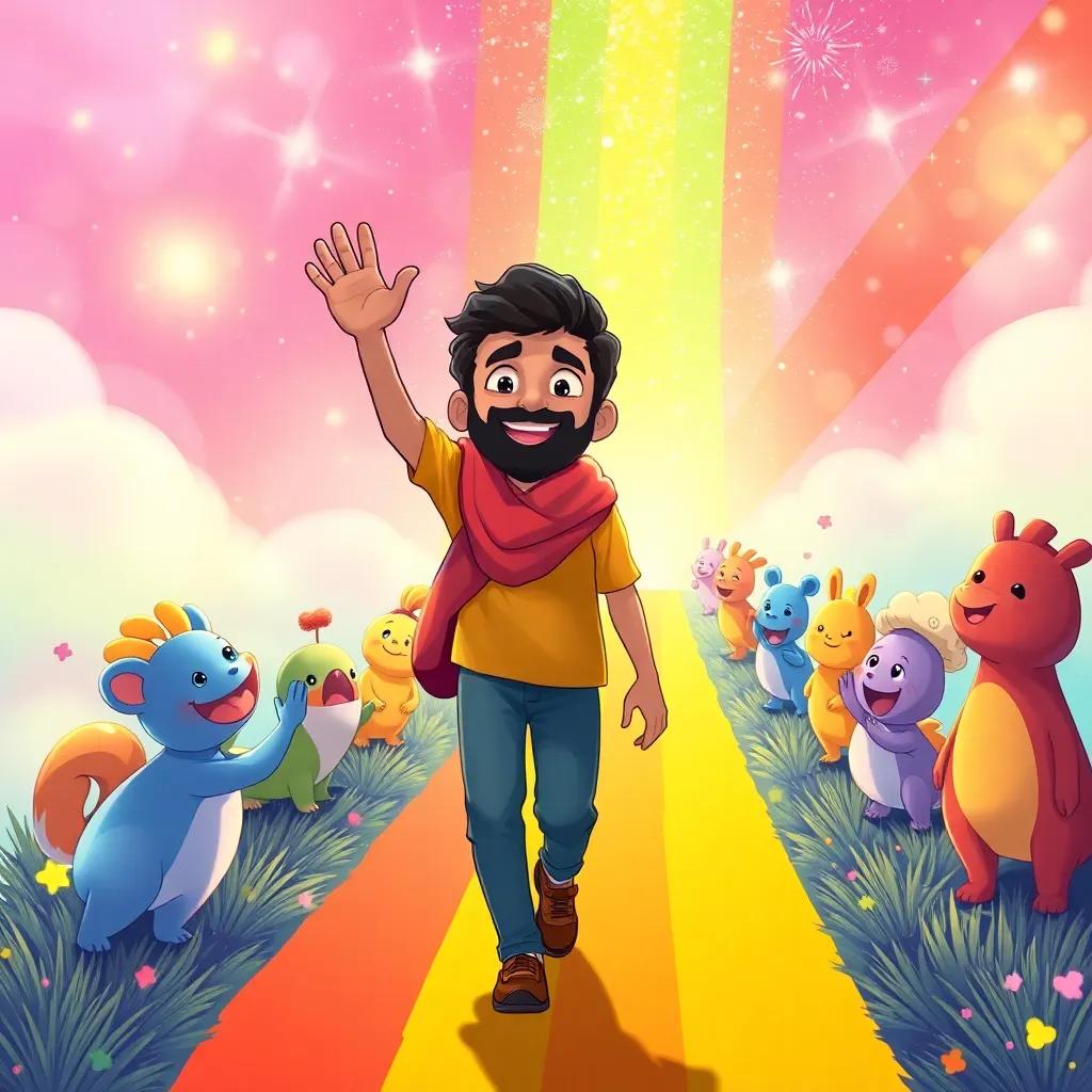 Rashid waving goodbye to the colorful creatures as he walks down the rainbow path, filled with colors and sparkles, feeling happy and fulfilled, illustration, lively, high quality