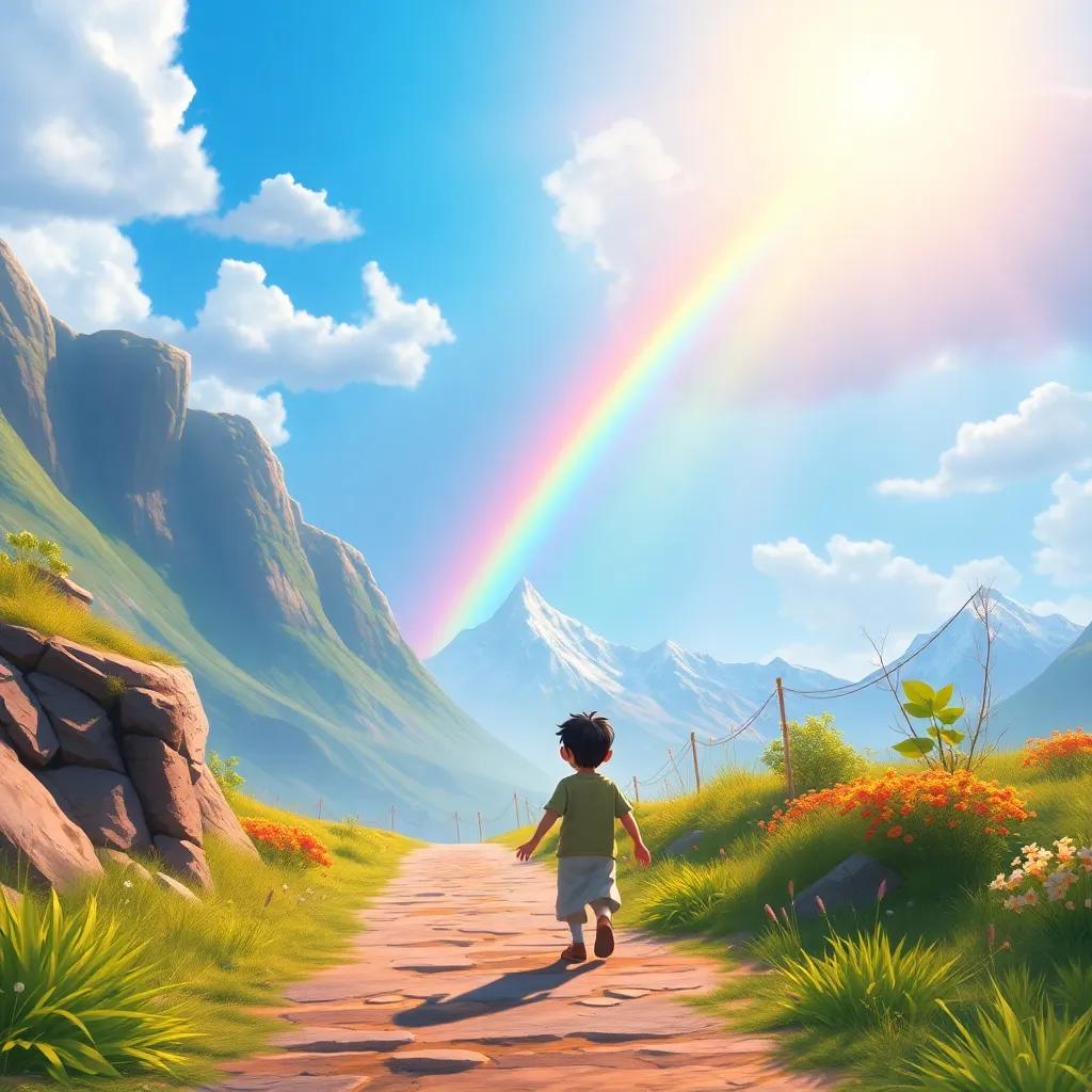 A beautiful rainbow stretching across the sky, Rashid walking down the path happily, the mountain shimmering in the background, cheerful colors and sunshine, digital painting, joyful atmosphere, high quality