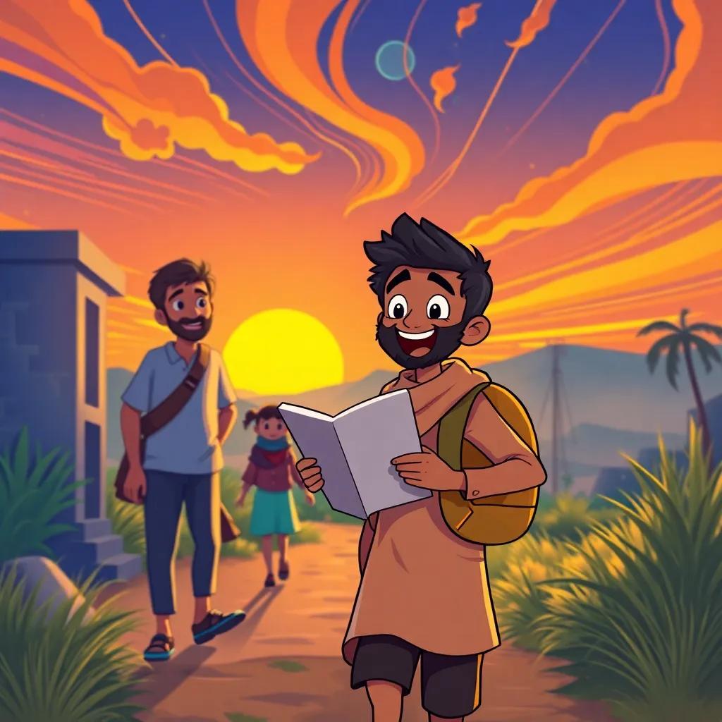 Rashid returning home, excitedly sharing his adventure story with friends and family, the backdrop of colorful lines and a magical sunset, warm and inviting atmosphere, illustration, high quality