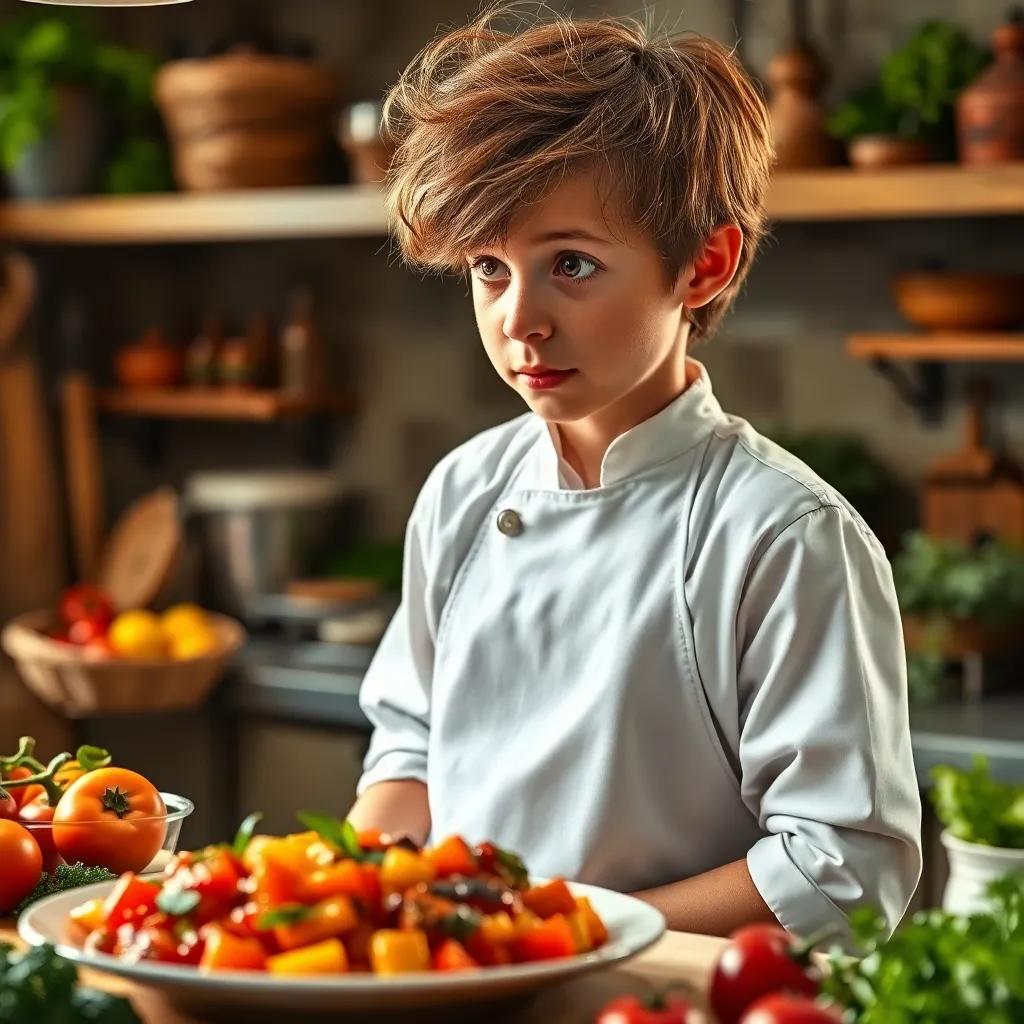 A young chef, Linguini, with tousled brown hair and a white apron, looking amazed at a colorful ratatouille dish on the counter, with fresh vegetables and herbs around, warm light, lively ambiance, delightful scene, high quality