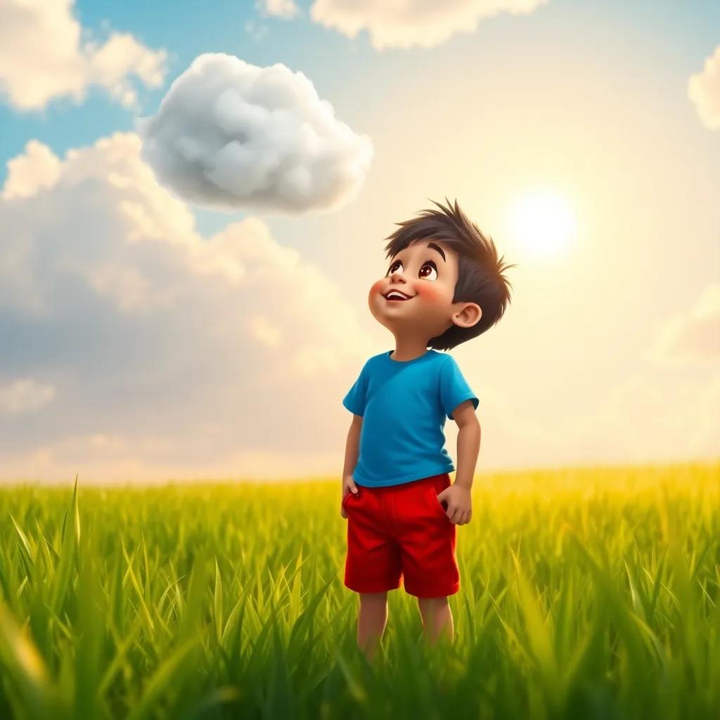 A cheerful little boy, Ravi, wearing a blue t-shirt and red shorts, looking up at a fluffy cloud in a green field, bright sun shining, vibrant digital art, warm colors, joyful atmosphere, high quality