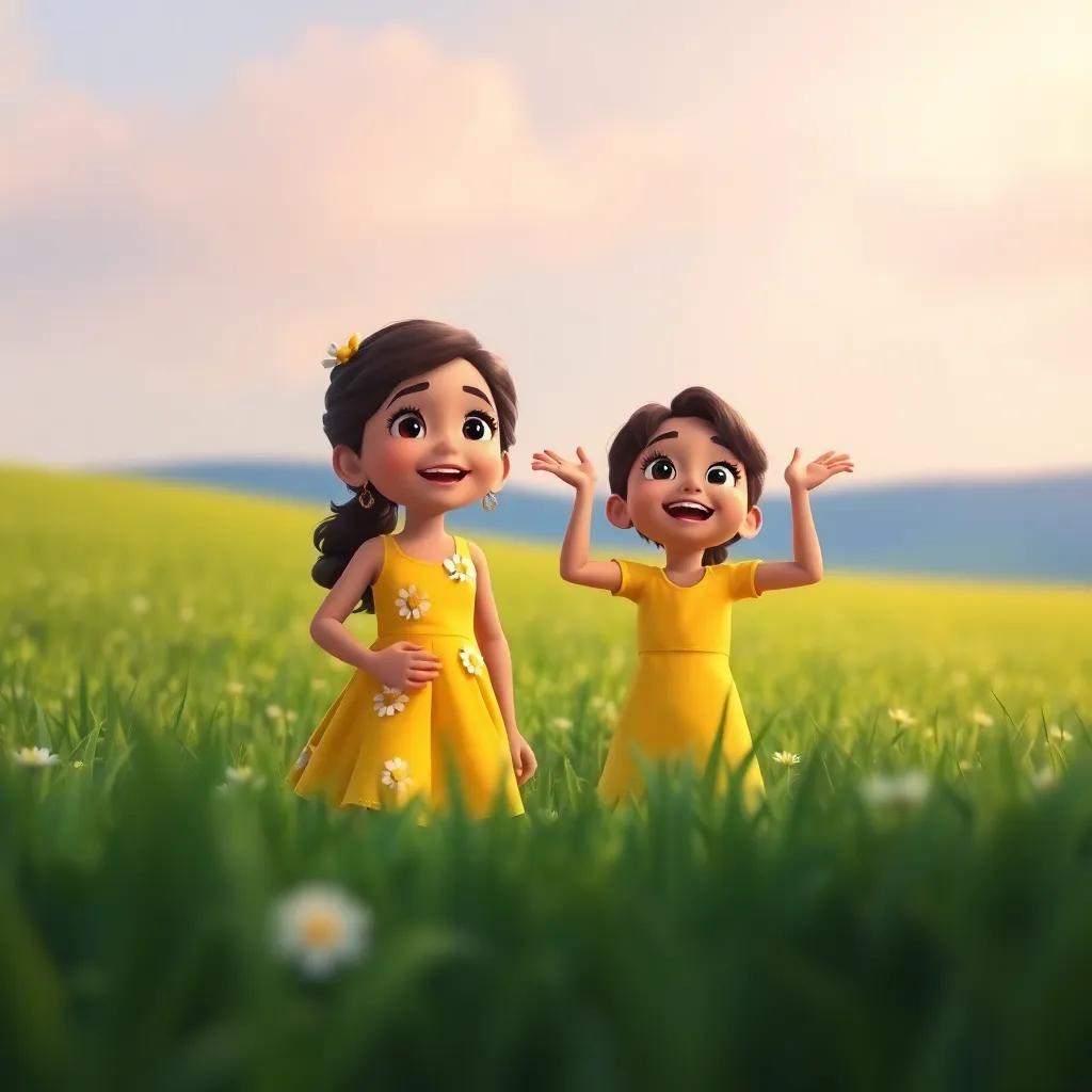 A happy girl, Mia, wearing a yellow dress with daisies, standing beside Ravi in a green field, both looking excitedly at the sky, digital illustration, bright colors, cheerful mood, high quality