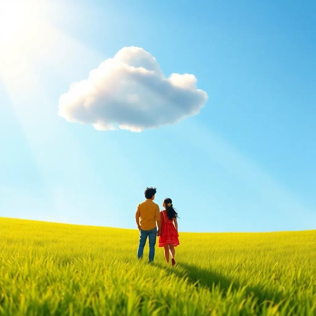 A little fluffy cloud in a clear blue sky with sun rays shining down, creating a magical feeling over the green field where Ravi and Mia stand, digital art, bright and cheerful colors, warm lighting, high quality