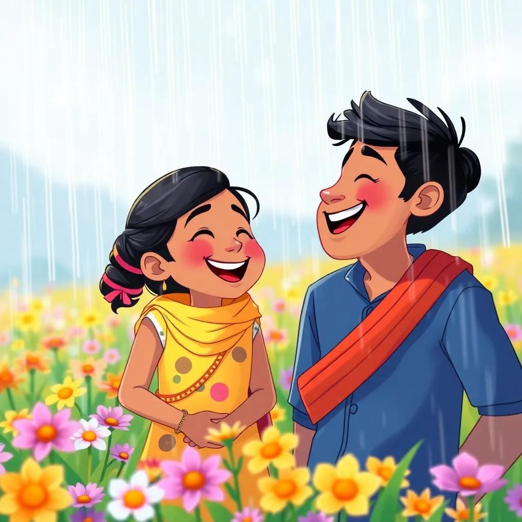 Ravi and Mia, giggling in the rain, enjoying tiny raindrops splashing around them, colorful flowers in the field, happy atmosphere, cheerful digital illustration, vibrant colors, high quality