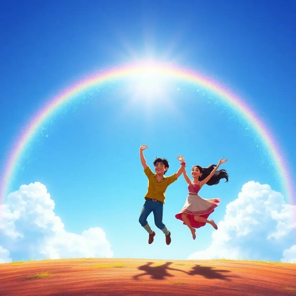 A beautiful rainbow arching across the bright blue sky with Ravi and Mia jumping in excitement underneath it, colorful and sparkling, dreamlike quality, joyful digital art, high resolution