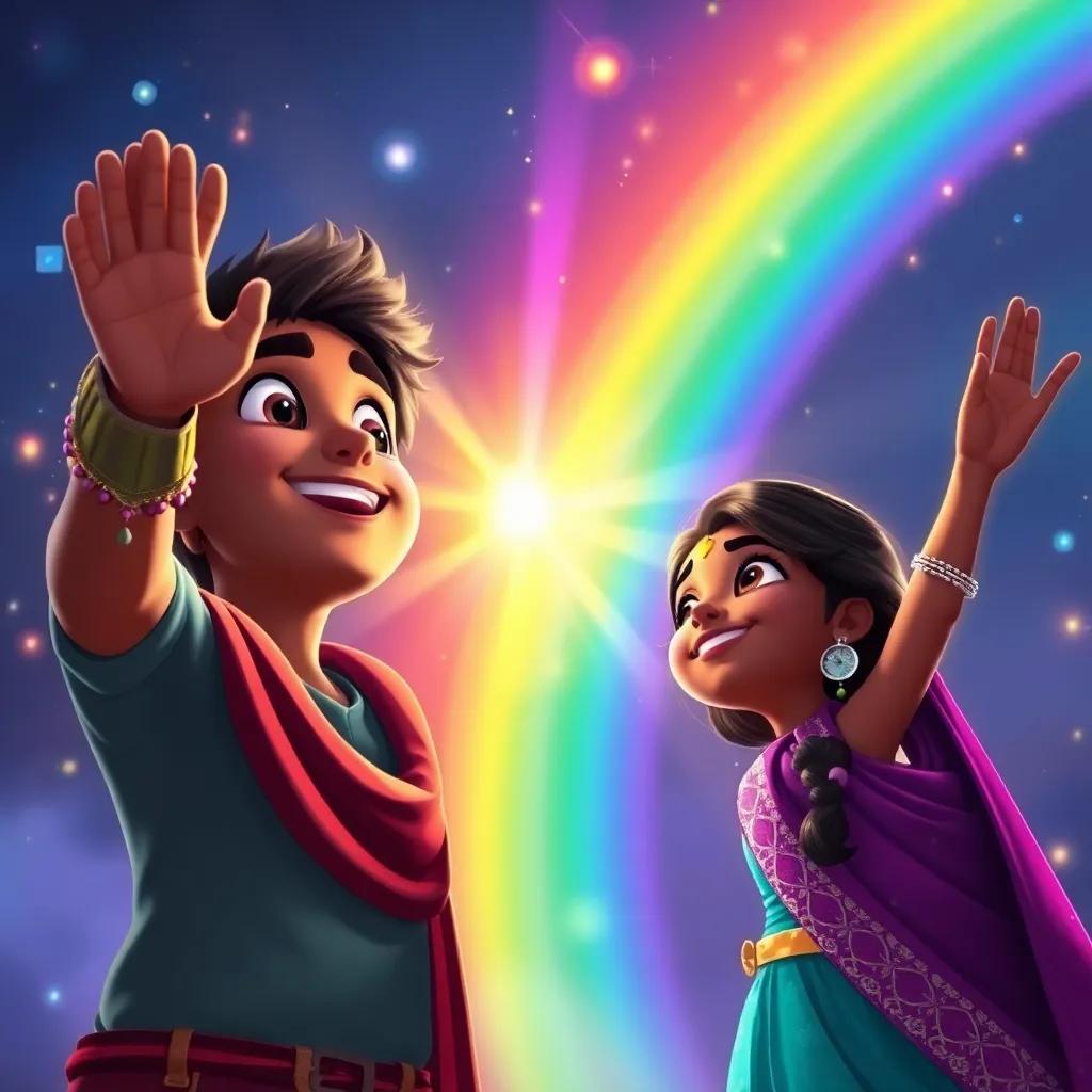 Ravi and Mia, reaching out to touch the shimmering rainbow, with vibrant colors glowing, their faces full of wonder and happiness, fantasy style, colorful digital art, shining light, high quality