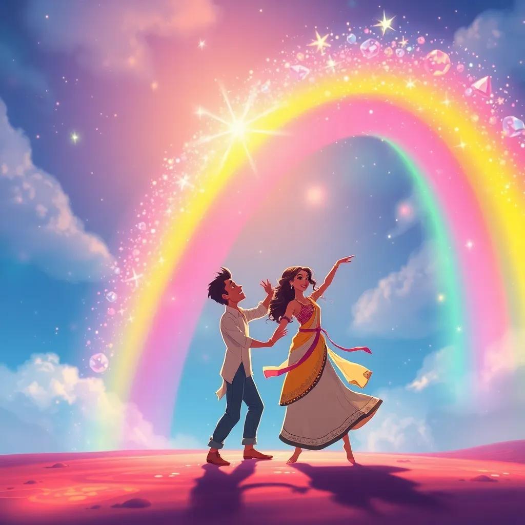The rainbow sparkling like jewels in the sky as Ravi and Mia dance underneath it, magical colors swirling, joyful digital illustration, vibrant palette, high quality