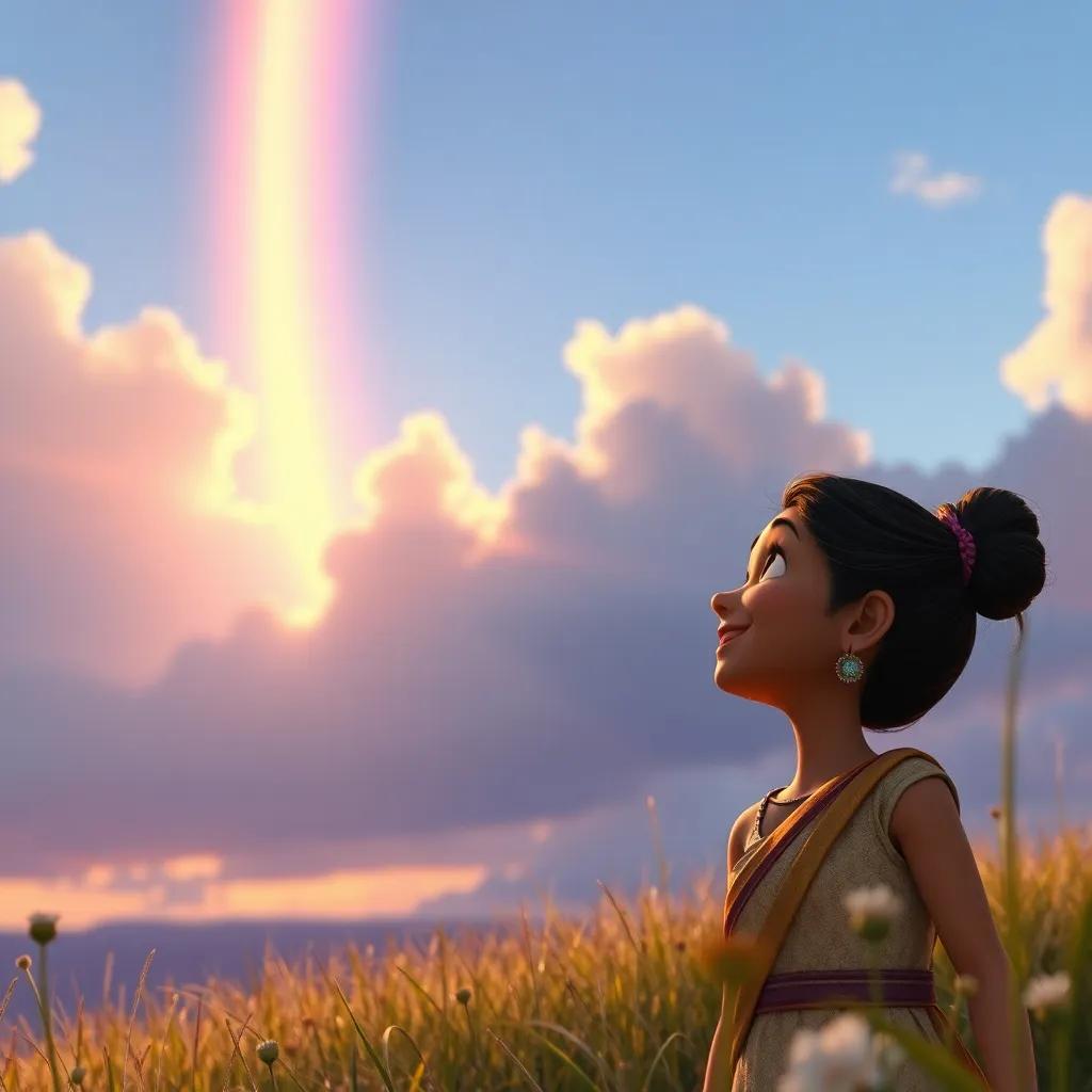 A close-up of the fading rainbow in the sky with Ravi and Mia in the distance, looking up with hope and joy, enchanting view, whimsical digital art, high quality