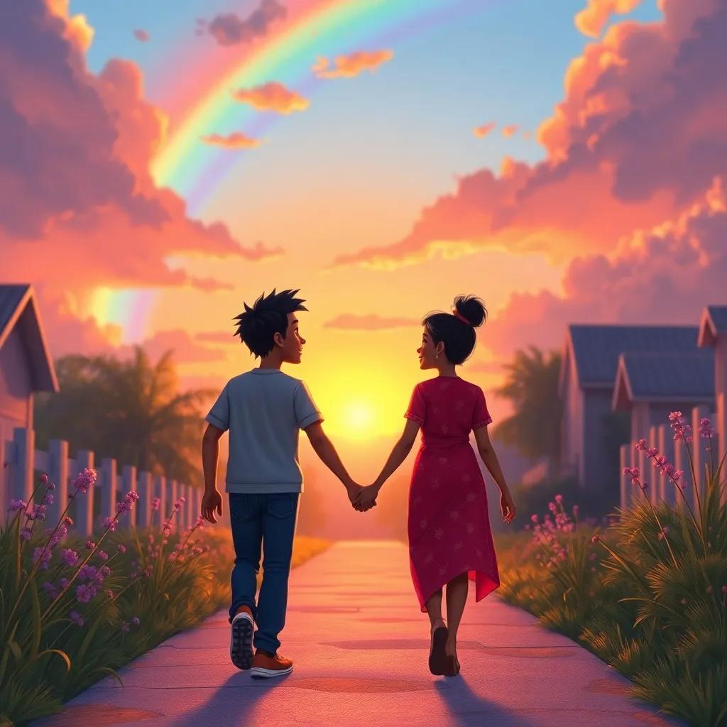 Ravi and Mia walking home hand in hand, looking back at the fading rainbow, with smiles on their faces, warm sunset light, heartwarming digital art, vibrant colors, high quality