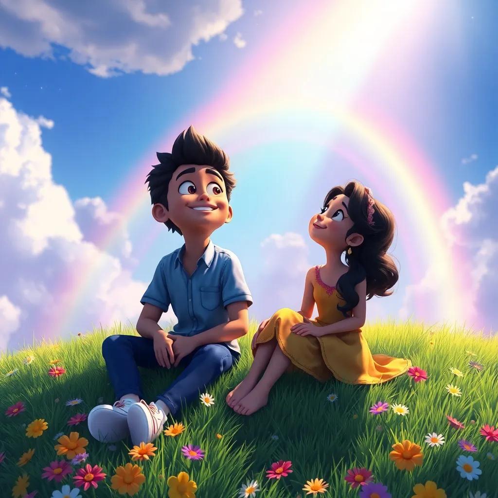 Ravi and Mia sitting on a grassy hill, looking at the sky and dreaming of more rainbows, their hearts full of joy, colorful flowers around, serene digital art, beautiful lighting, high resolution