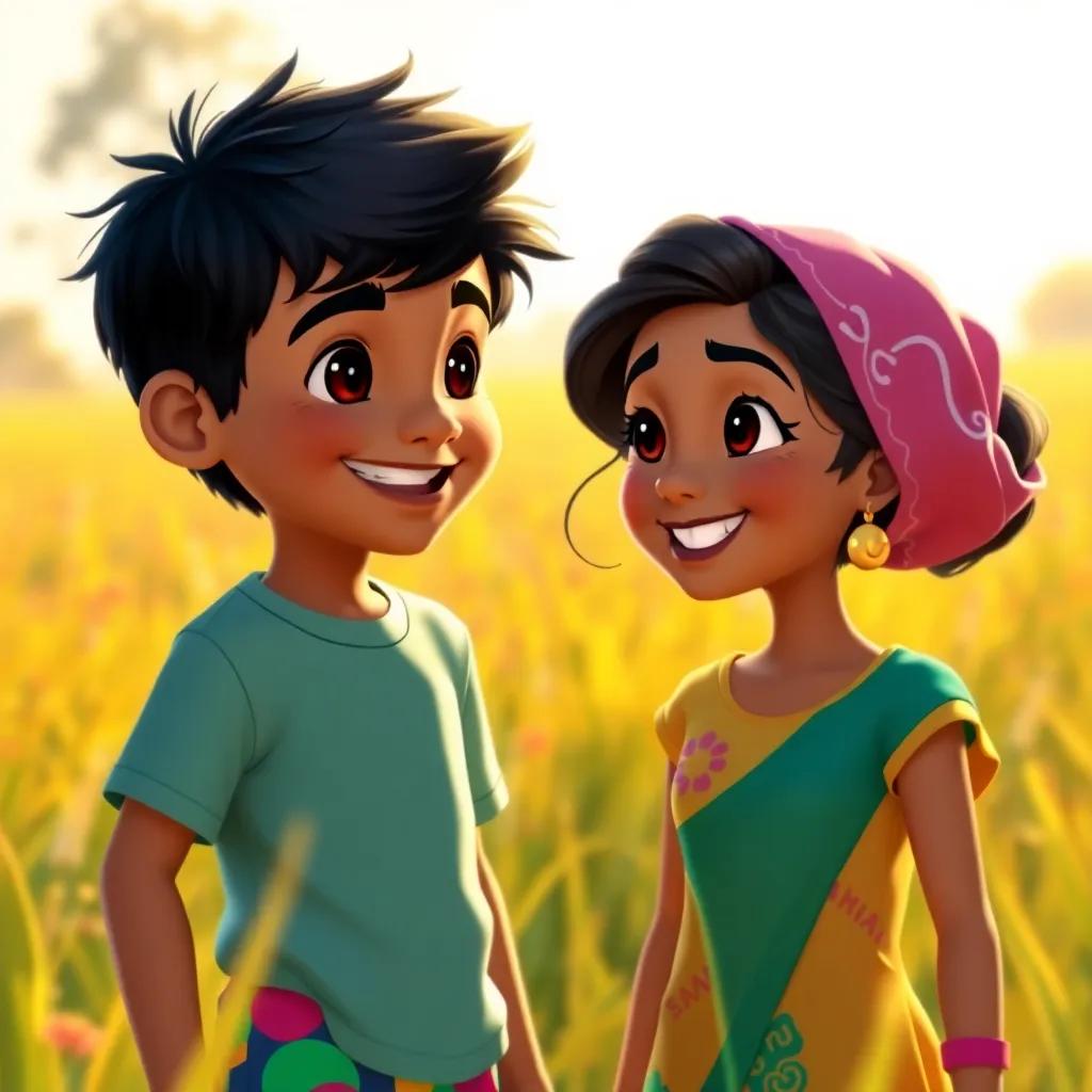 A cheerful Indian boy, Ravi, with short black hair, wearing colorful shorts and a bright t-shirt, smiling as he talks to his friend Maya in a sunny field, vibrant colors, warm light, friendly atmosphere, high quality