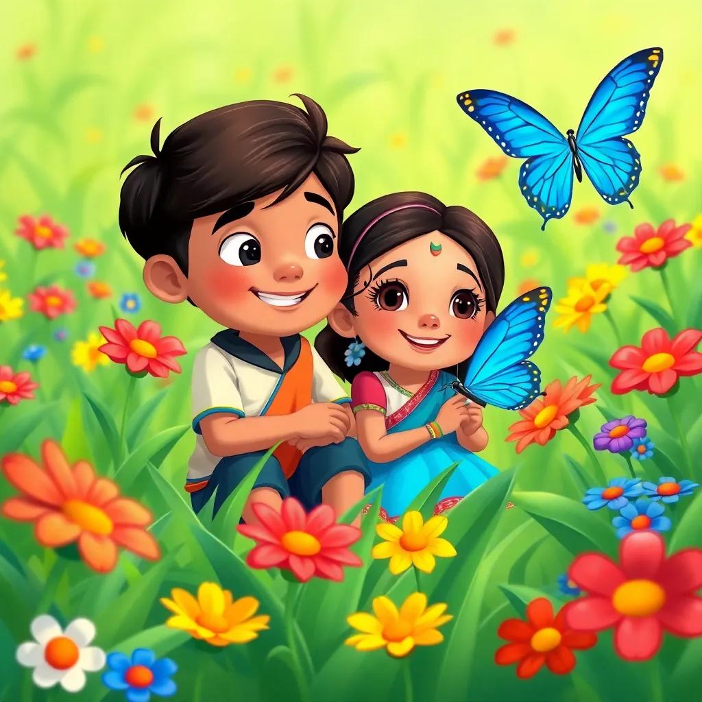 Ravi and Maya in a lush green field, surrounded by blooming flowers of red, yellow, and blue, watching a beautiful blue butterfly, illustration, cheerful, bright colors, child-friendly