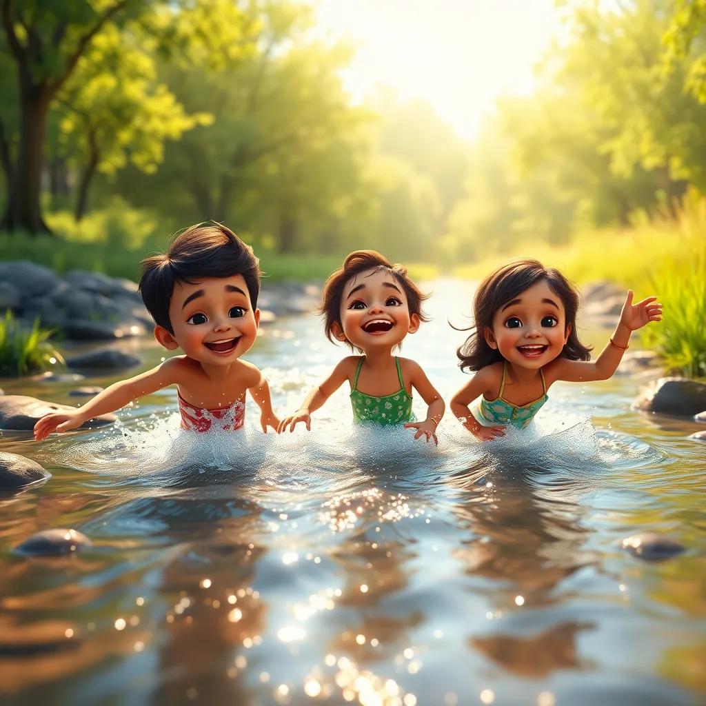A sparkling stream with three children, Ravi, Maya, and Lila, laughing and splashing in the water, sunny day with trees in background, detailed, joyful scene, warm light, high quality