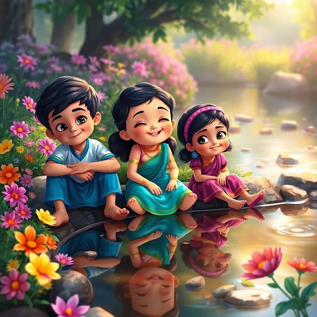Three children sitting by the stream, Ravi, Maya, and Lila, resting with smiles, colorful flowers surrounding them, beautiful reflections on the water, peaceful and happy atmosphere, detailed illustration