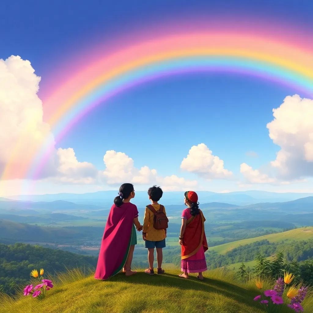 A hilltop view showing Ravi, Maya, and Lila looking at a vibrant rainbow in the sky over the valley, bright colors, magical feeling, high quality details, cheerful atmosphere