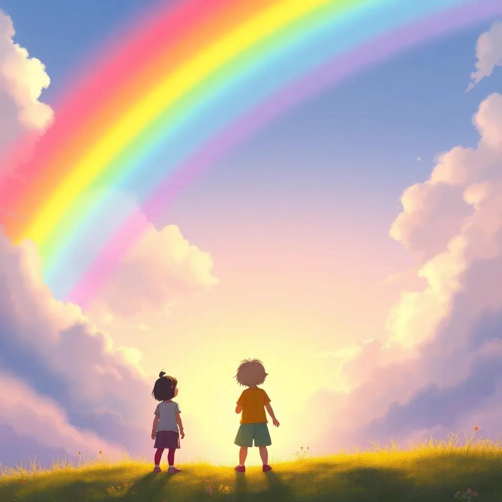 A colorful rainbow stretching across the sky, with three children standing below, amazed and excited, warm light shining through the colors, magical and uplifting scene, detailed illustration