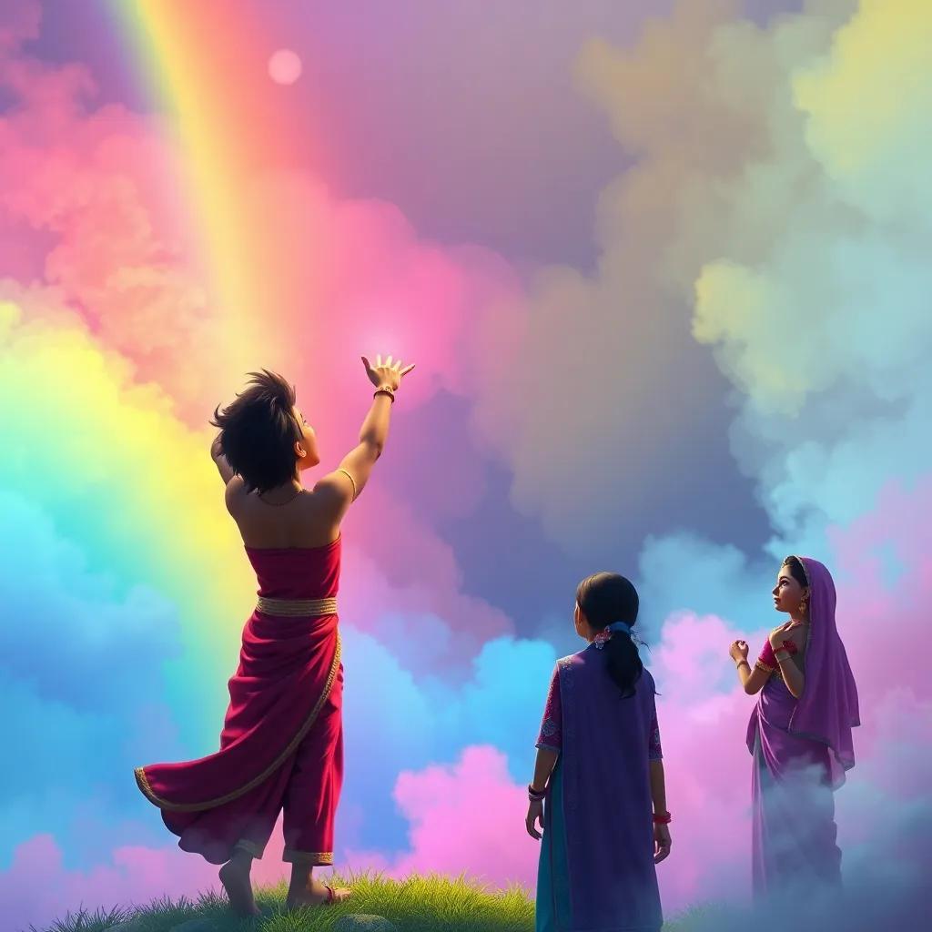 Ravi reaching out to touch the shimmering rainbow, surrounded by colorful mist, with Maya and Lila watching in awe, fantasy atmosphere, vivid colors, high quality, engaging