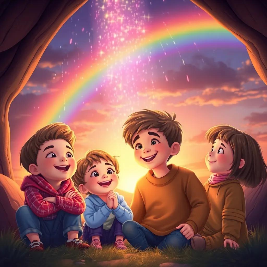 The children feeling warm inside as the rainbow fades, showering them with sparkling light, happy expressions on their faces, beautiful sunset, magical ambiance, detailed and inviting