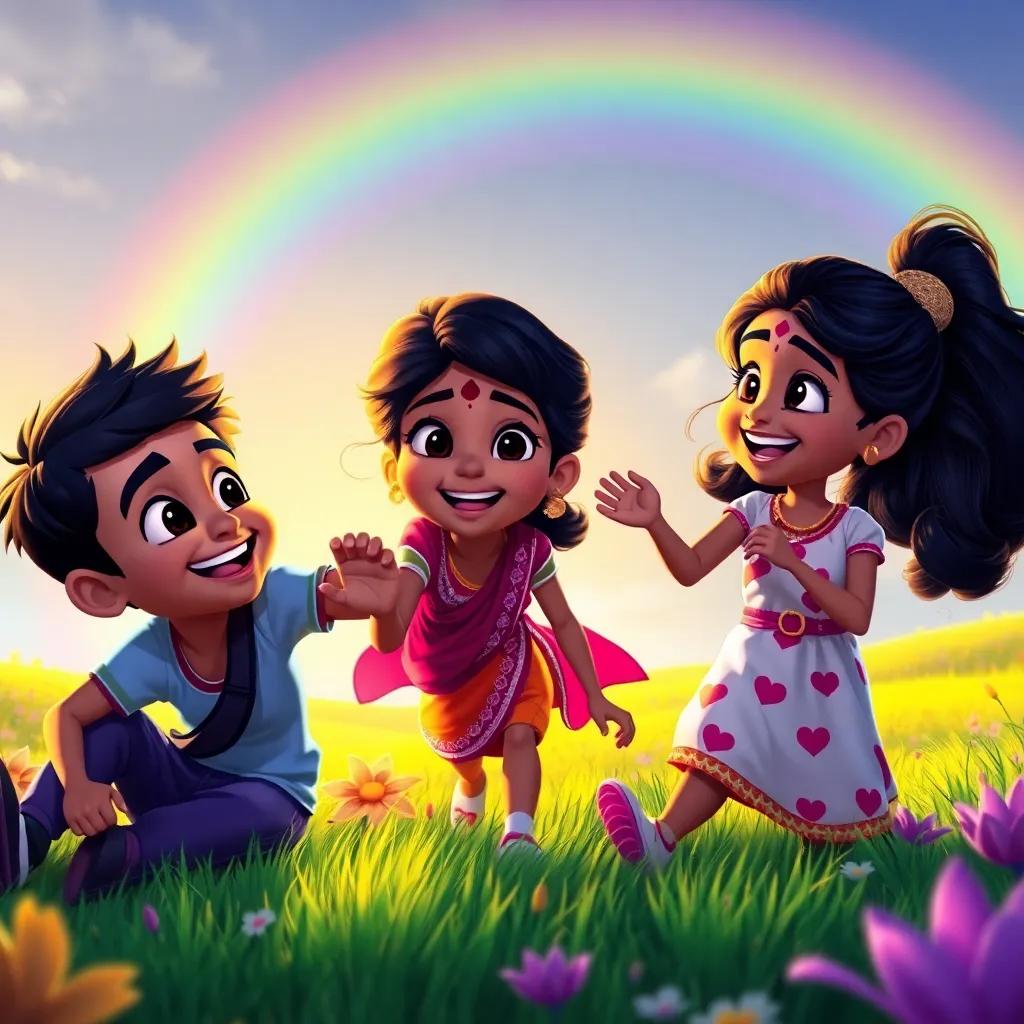 Ravi, Maya, and Lila playing joyfully as the rainbow fades in the background, their smiles bright and carefree, colorful landscape, heartwarming scene, high quality