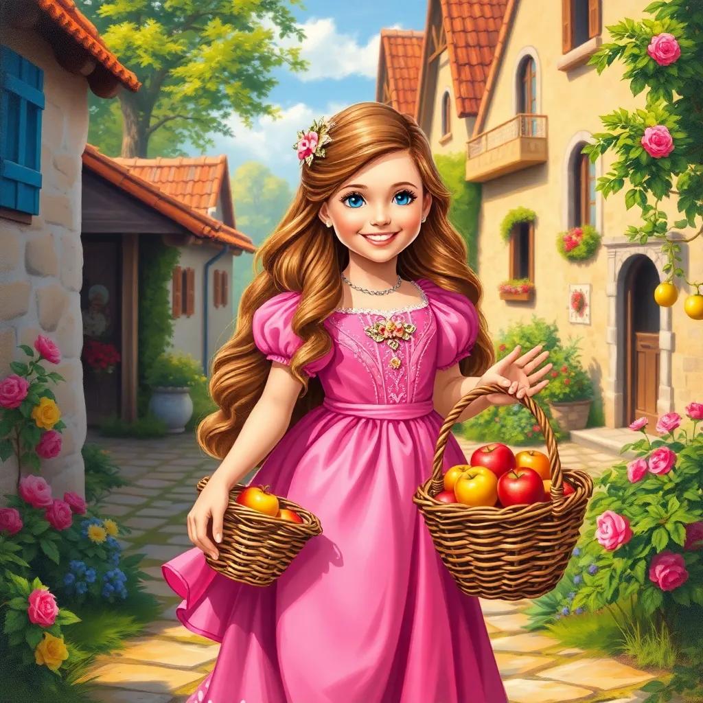 A little princess, Reem, with long, wavy hair and wearing a beautiful pink dress, smiling brightly as she carries a big basket of apples in a sunny village, colorful, cheerful, high quality