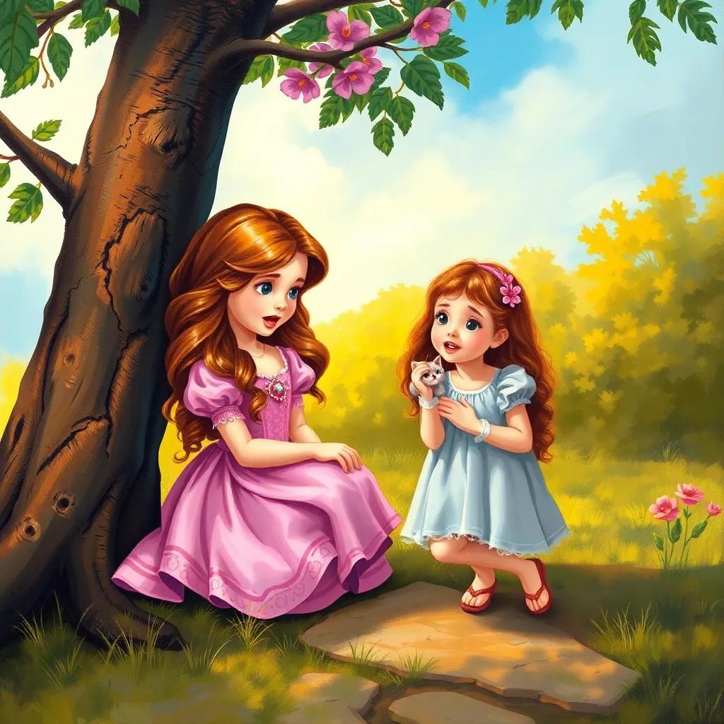 Reem, a little princess with long, wavy hair in a pink dress, kneeling beside a little girl under a tree, both looking excited while searching for a lost kitten, vibrant colors, warm light, child-friendly, high quality
