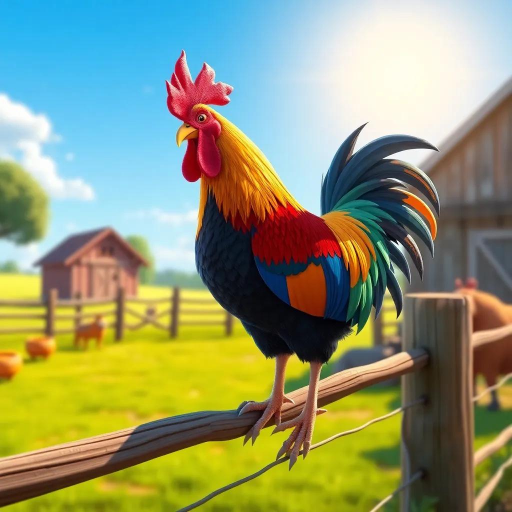 A proud rooster named Reggie standing on a fence, with colorful feathers, bright morning sun, lively barnyard, digital art, cheerful atmosphere, vibrant colors, high quality