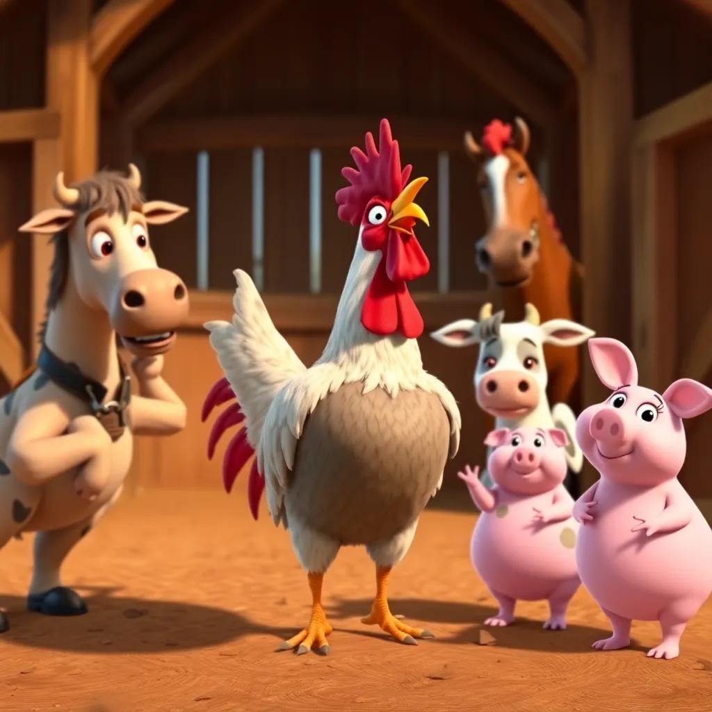 Reggie the Rooster practicing his crow in the barnyard, surrounded by Henry the Horse, Clara the Cow, and Penny the Pig, they are cheering him on, friendly, animated, warm colors, high quality