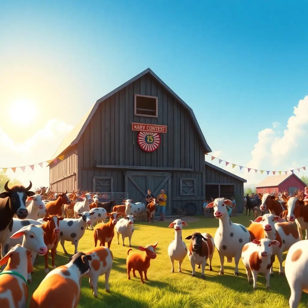 A bustling barnyard scene on the day of the contest, with animals gathered around a big barn, sun shining, excitement in the air, digital painting, colorful, inviting atmosphere, high quality