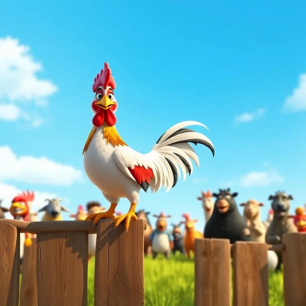 Reggie the Rooster on a wooden fence with a crowd of animals watching him, confident and focused, bright blue sky in the background, warm lighting, cheerful mood, high quality