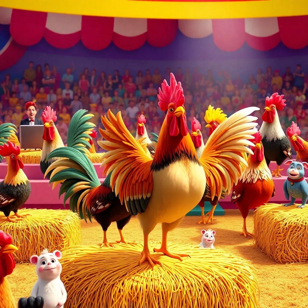 A rooster competition scene with various roosters crowing, judges on hay bales, excited crowd of animals, colorful and lively, digital art, bright and dynamic, high quality