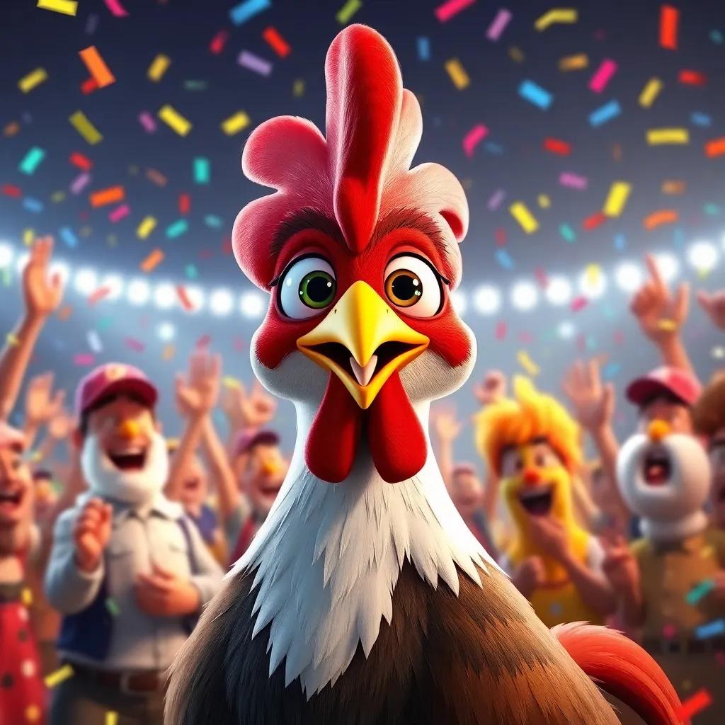 Reggie the Rooster with wide eyes and a big smile after winning, surrounded by his friends cheering and celebrating, colorful confetti in the air, joyful atmosphere, high quality