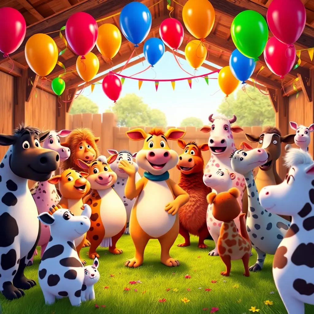 Reggie thanking his friends after the contest, all animals gathering for a fun party in the barnyard, decorated with balloons and streamers, happy and friendly, colorful, high quality